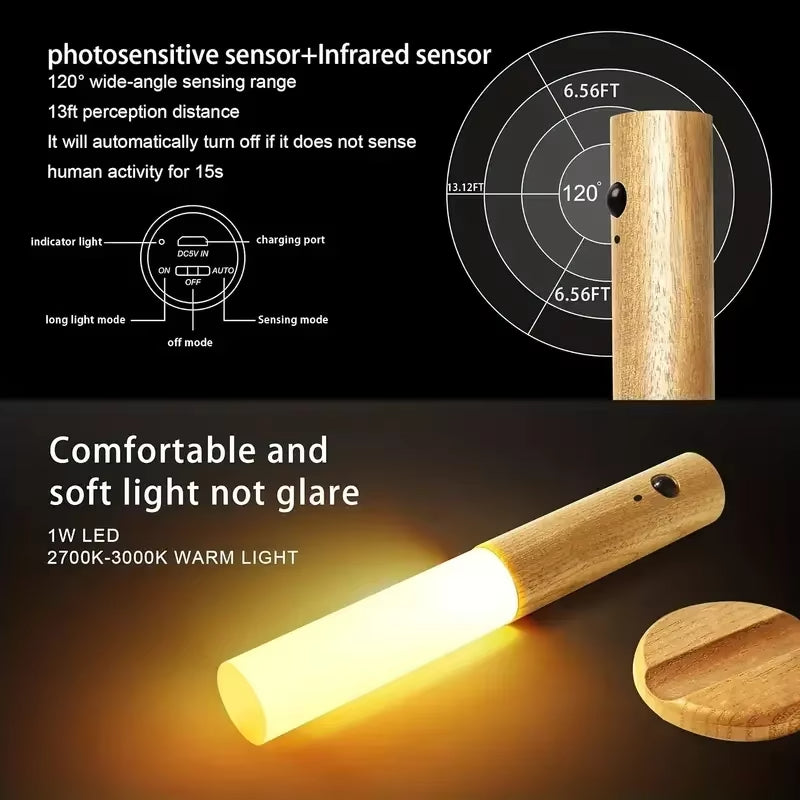Motion Sensor Intelligent Wooden Magnetic Suction LED Night Light